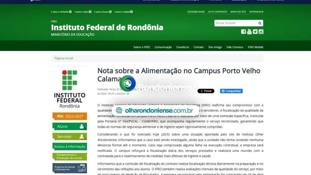 IFRO se pronuncia sobre alimentação em campus de Porto Velho