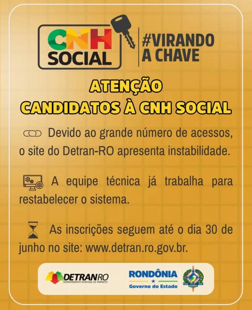 Site do Detran-RO apresenta instabilidade após abertura de inscrições para CNH Social